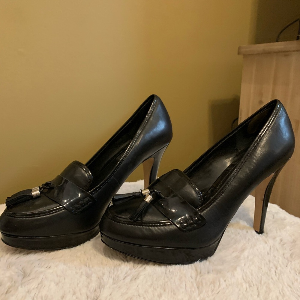 7.5 leather tasseled black platform heels